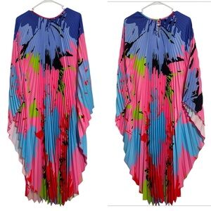 Women’s Pleated Print Kaftan Dress Batwing Sleeve Formal Dress One Size Fit Most